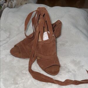 Anne Michelle Brown Suede Lace-Up Block Heel Sandals